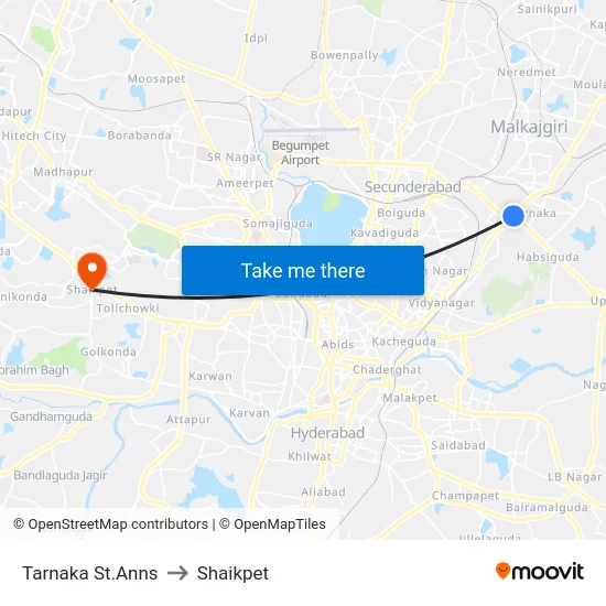 Tarnaka St.Anns to Shaikpet map