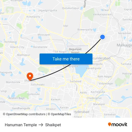 Hanuman Temple to Shaikpet map