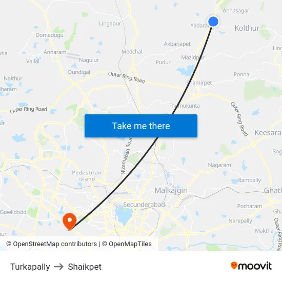 Turkapally to Shaikpet map
