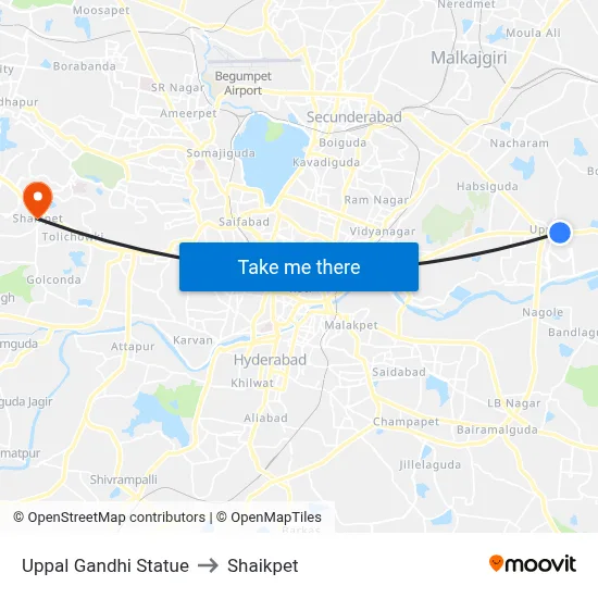 Uppal Gandhi Statue to Shaikpet map