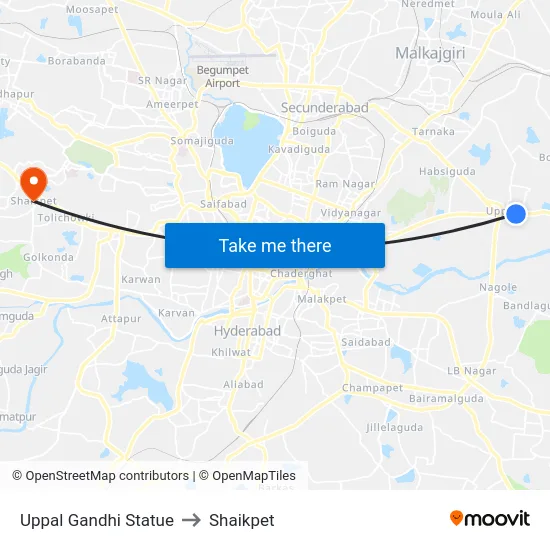 Uppal Gandhi Statue to Shaikpet map