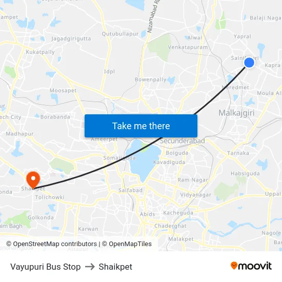 Vayupuri Bus Stop to Shaikpet map