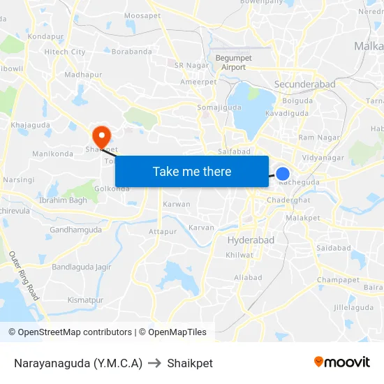Narayanaguda (Y.M.C.A) to Shaikpet map