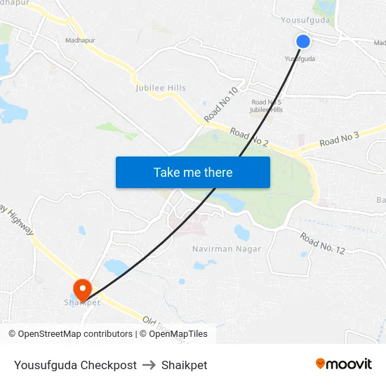 Yousufguda Checkpost to Shaikpet map