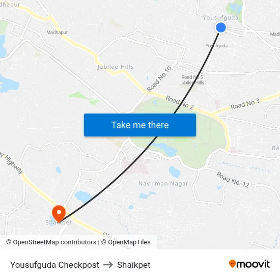 Yousufguda Checkpost to Shaikpet map