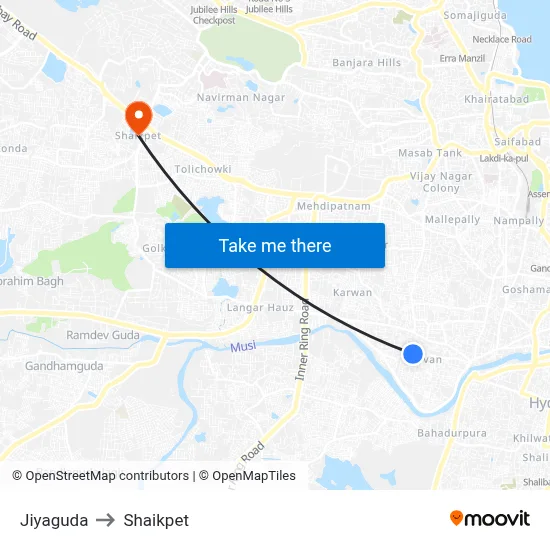 Jiyaguda to Shaikpet map