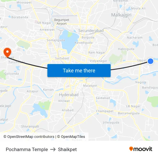 Pochamma Temple to Shaikpet map