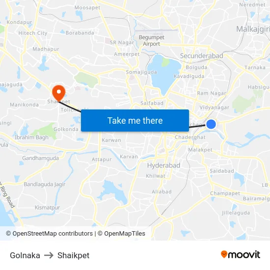 Golnaka to Shaikpet map