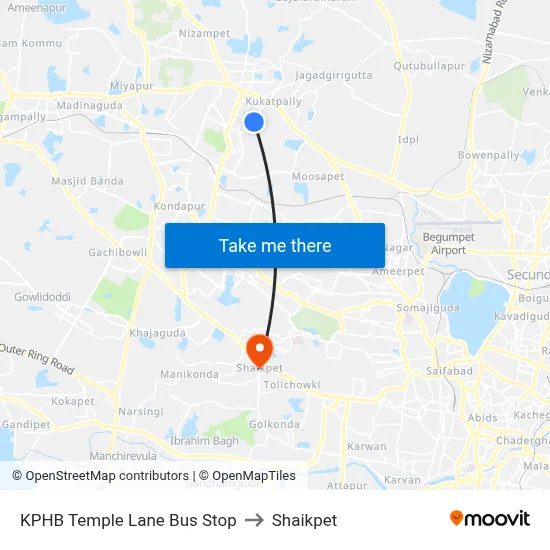 KPHB Temple Lane Bus Stop to Shaikpet map