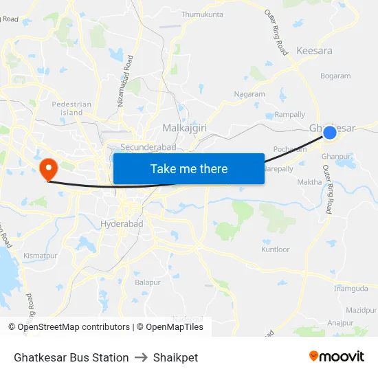 Ghatkesar Bus Station to Shaikpet map