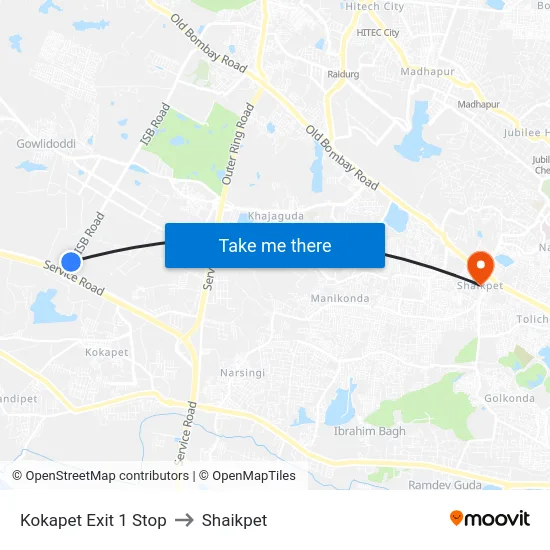Kokapet Exit 1 Stop to Shaikpet map