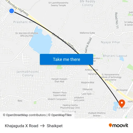 Khajaguda X Road to Shaikpet map