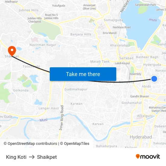 King Koti to Shaikpet map