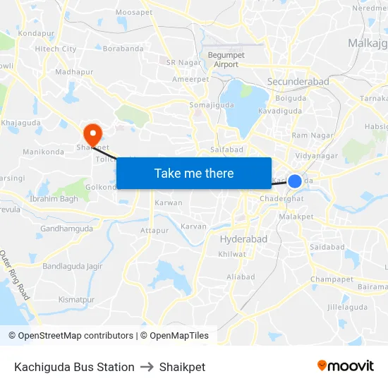 Kachiguda Bus Station to Shaikpet map