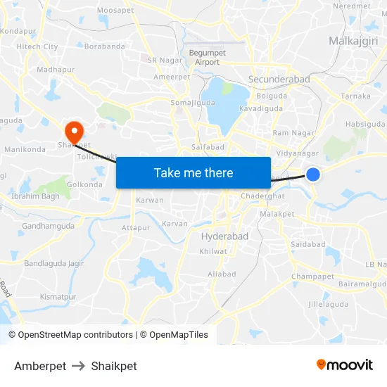 Amberpet to Shaikpet map