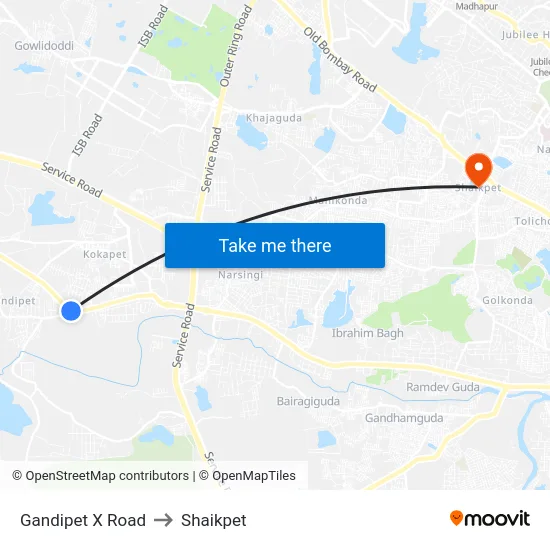 Gandipet X Road to Shaikpet map