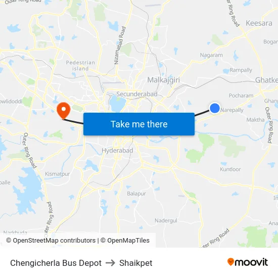 Chengicherla Bus Depot to Shaikpet map