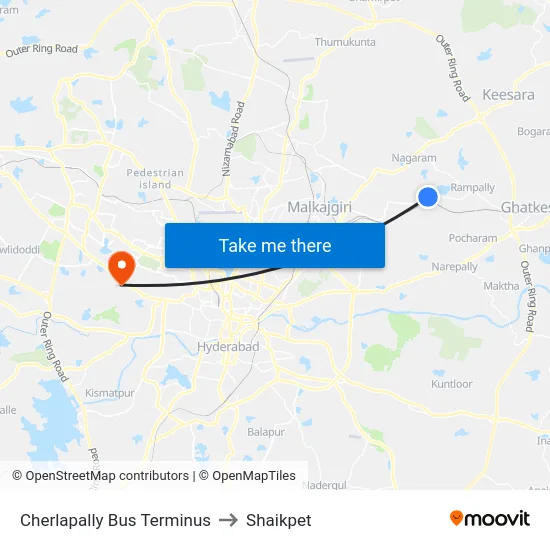 Cherlapally Bus Terminus to Shaikpet map