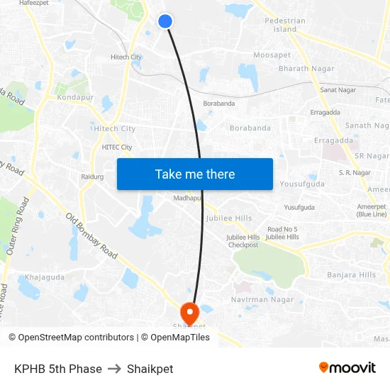 KPHB 5th Phase to Shaikpet map