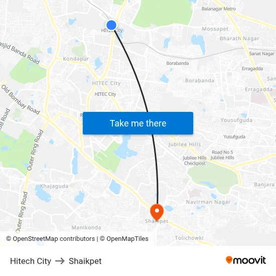 Hitech City to Shaikpet map