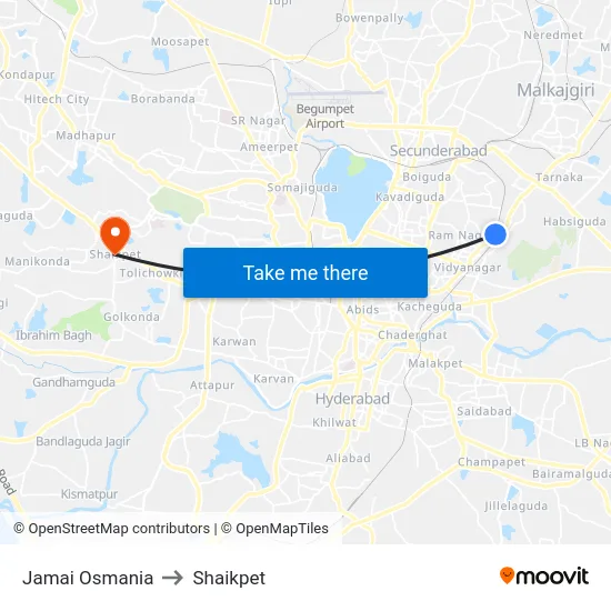 Jamai Osmania to Shaikpet map
