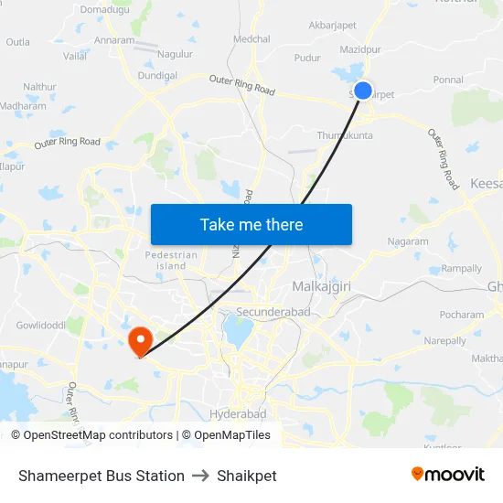 Shameerpet Bus Station to Shaikpet map