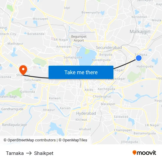 Tarnaka to Shaikpet map