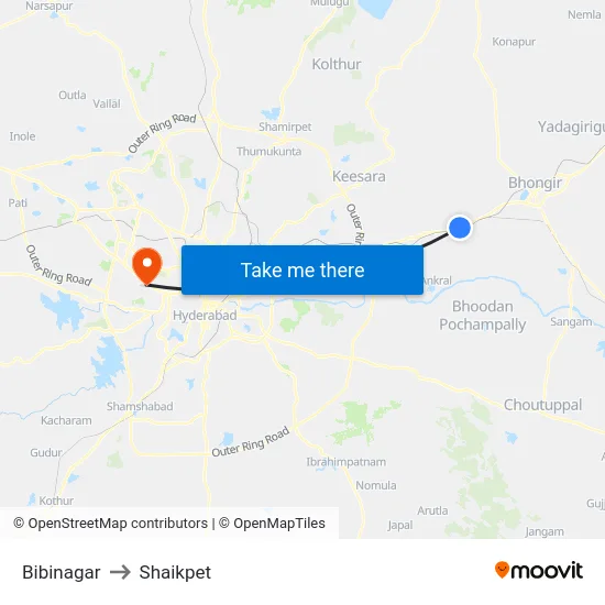 Bibinagar to Shaikpet map