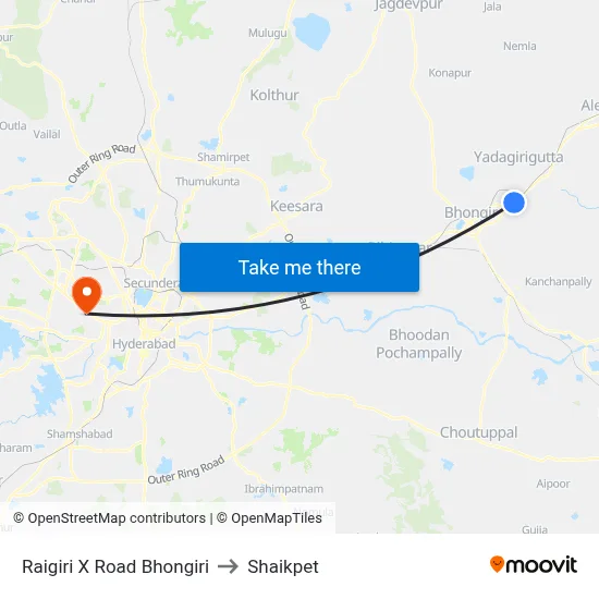 Raigiri X Road Bhongiri to Shaikpet map