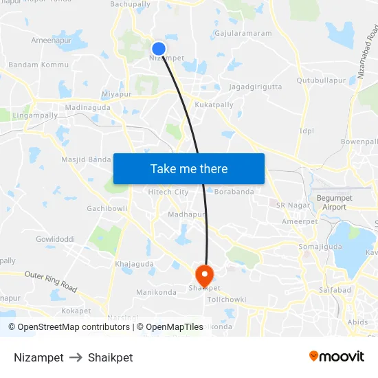 Nizampet to Shaikpet map