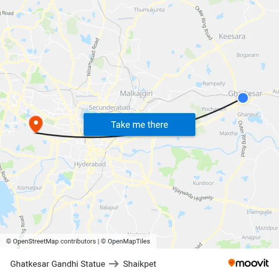 Ghatkesar Gandhi Statue to Shaikpet map