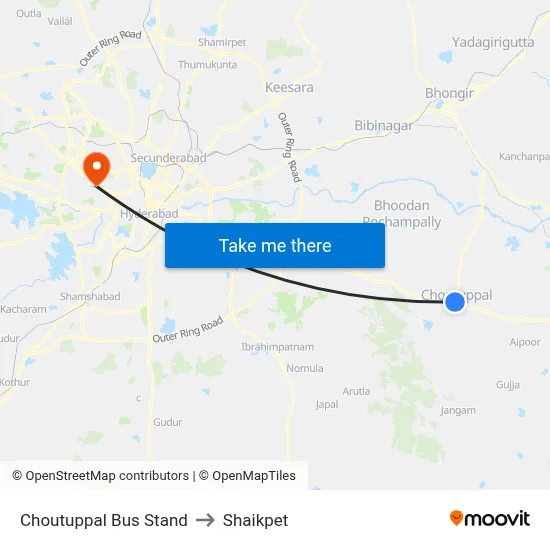 Choutuppal Bus Stand to Shaikpet map