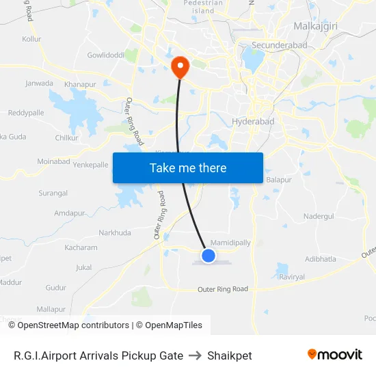 R.G.I.Airport Arrivals Pickup Gate to Shaikpet map