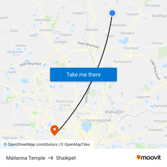 Mallanna Temple to Shaikpet map