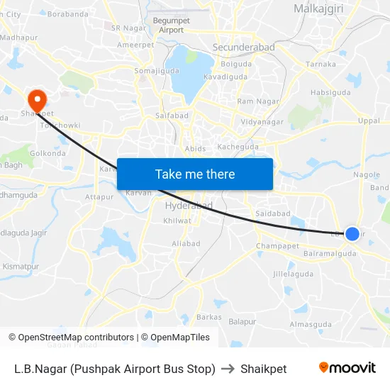 L.B.Nagar (Pushpak Airport Bus Stop) to Shaikpet map