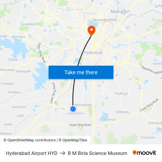 Hyderabad Airport HYD to B M Birla Science Museum map