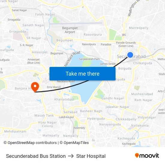 Secunderabad Bus Station to Star Hospital map