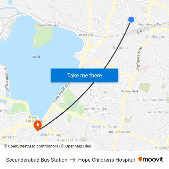Secunderabad Bus Station to Hope Children's Hospital map