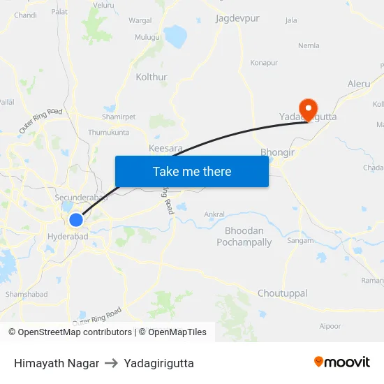 Himayath Nagar to Yadagirigutta map