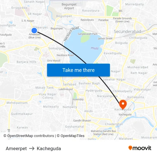 Ameerpet to Kacheguda map