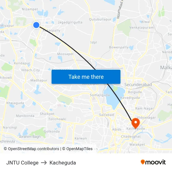JNTU College to Kacheguda map