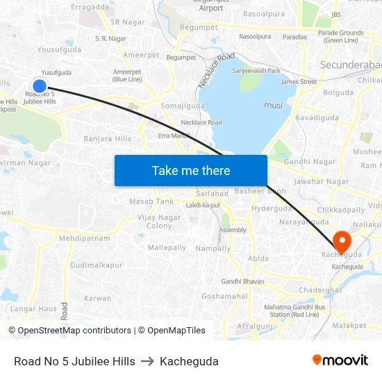 Road No 5 Jubilee Hills to Kacheguda map