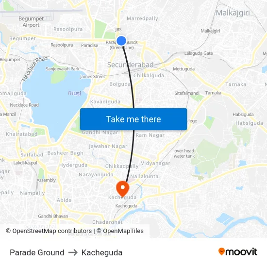 Parade Ground to Kacheguda map