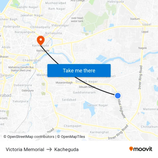 Victoria Memorial to Kacheguda map