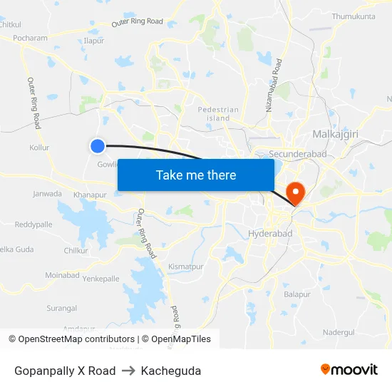 Gopanpally X Road to Kacheguda map
