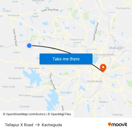 Tellapur X Road to Kacheguda map