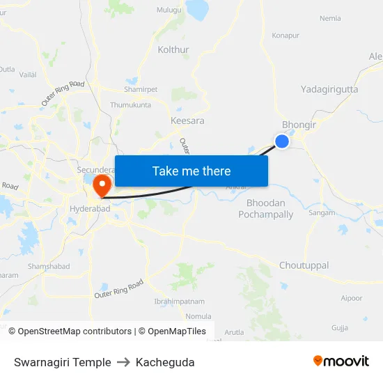 Swarnagiri Temple to Kacheguda map
