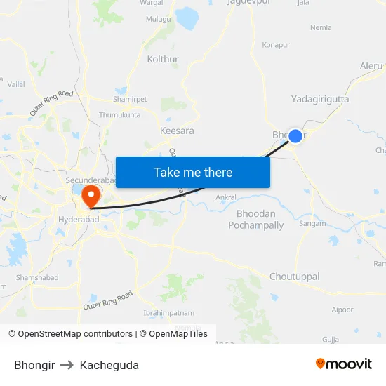 Bhongir to Kacheguda map