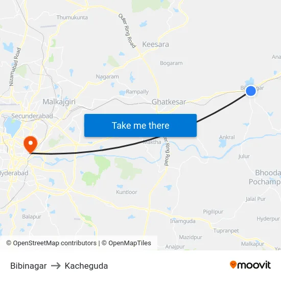 Bibinagar to Kacheguda map