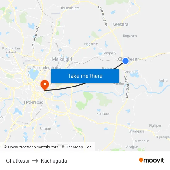 Ghatkesar to Kacheguda map